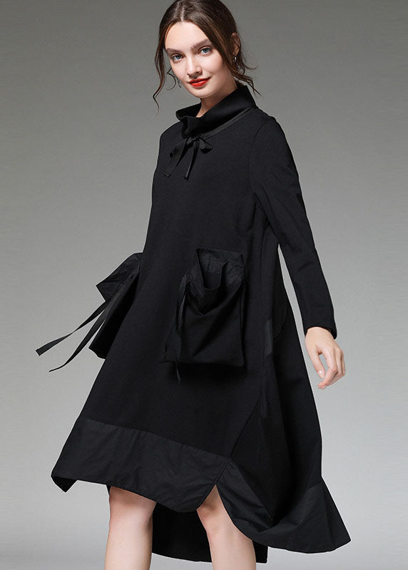 Simple Black Patchwork Asymmetrical Design Pockets Robe Dresses Fall