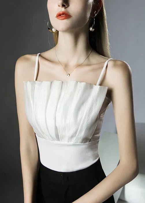 Slim Fit White Patchwork Cotton Spaghetti Strap Tank Sleeveless