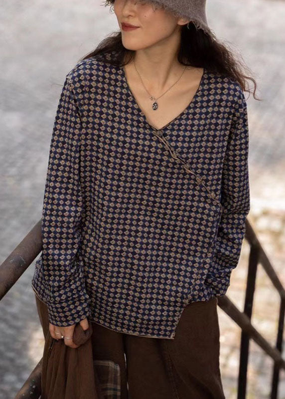 Blue Plaid V Neck Button Drawstring Fall Shirt Tops