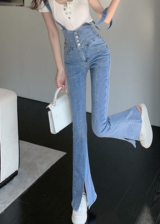 Blue High Waisted Shoulder Strap Denim Flared Pants Summer