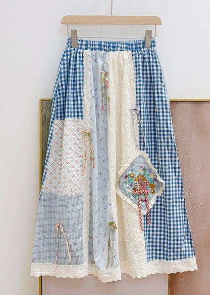Red Plaid Elastic Waist Patchwork Cotton Skirts Spring