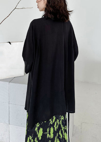 Black Asymmetrical Lace Up Patchwork Cotton Shirt Batwing Sleeve