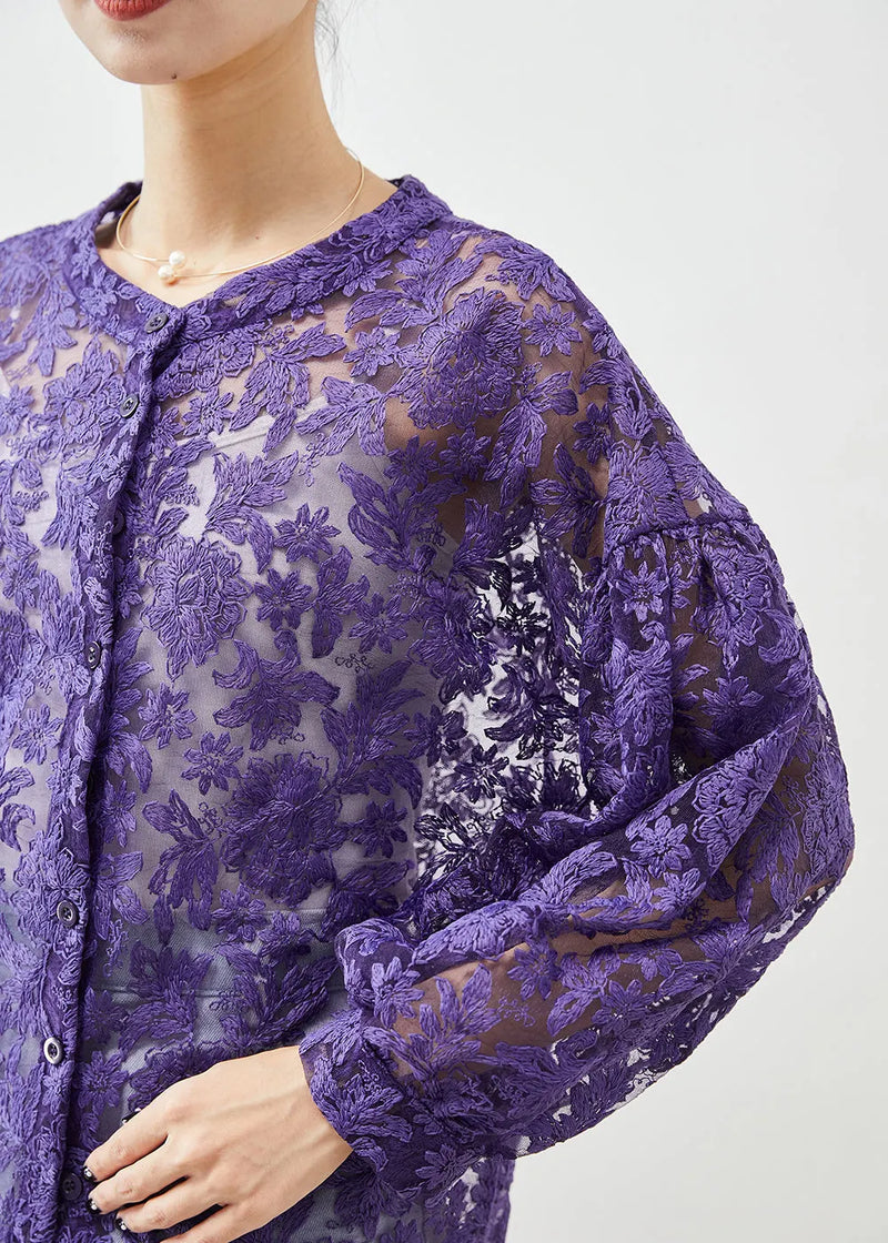 Purple Embroideried Hollow Out Lace Shirts Fall