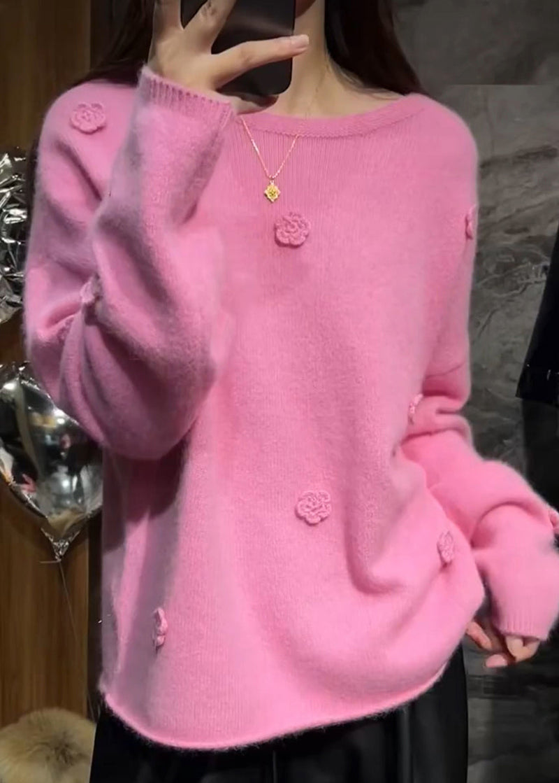 Pink Thick Cotton Knit Sweaters Long Sleeve
