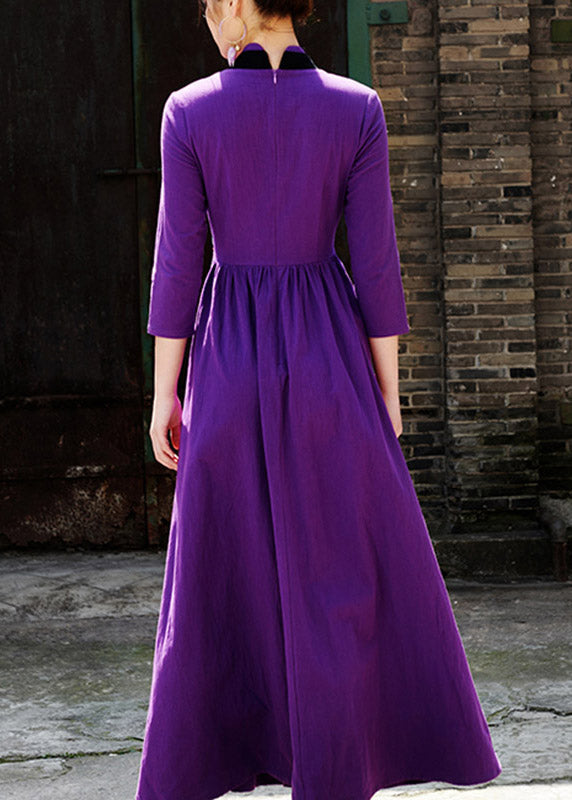 Purple V Neck Embroideried Zippered Wrinkled Maxi Dresses Fall