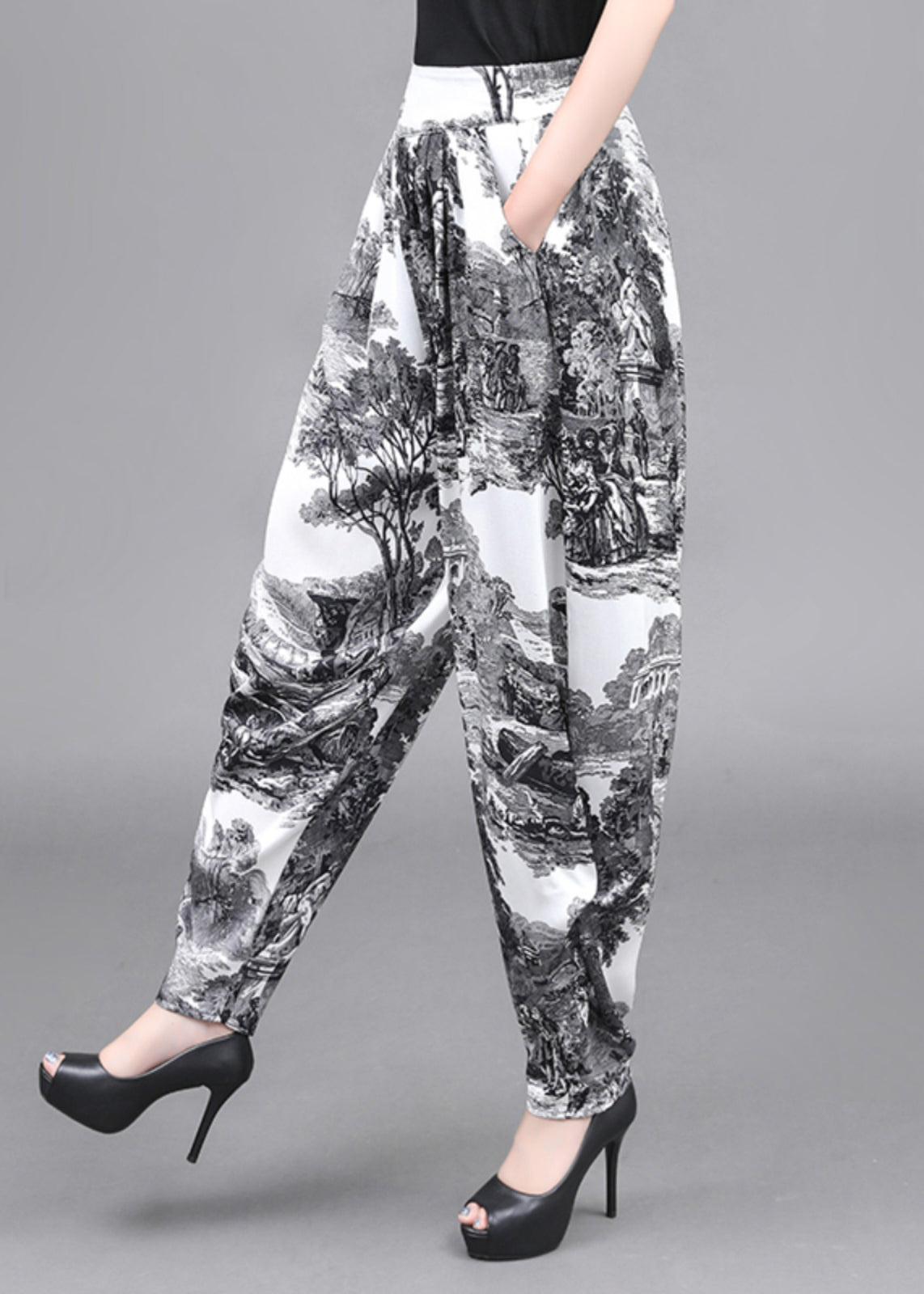 Summer Loose Pockets Landscape Painting Haren Pants