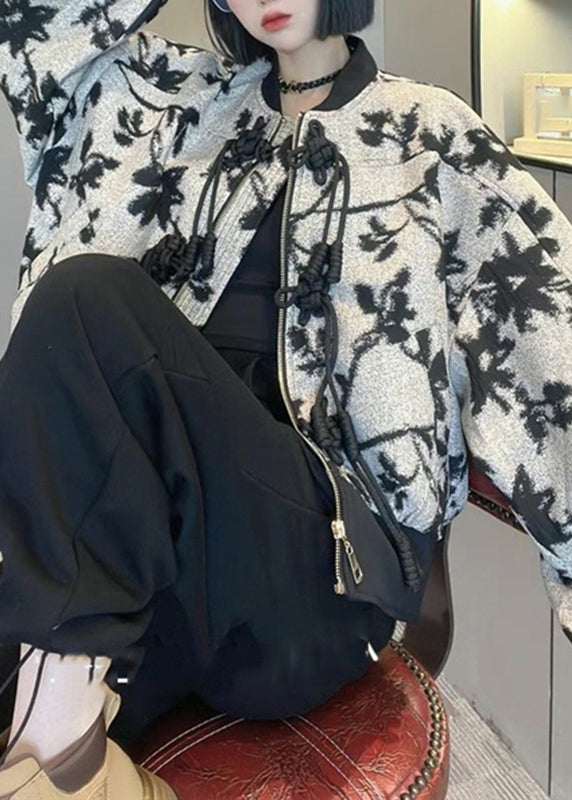 French O-neck Zippered Print Coats Long Sleeve