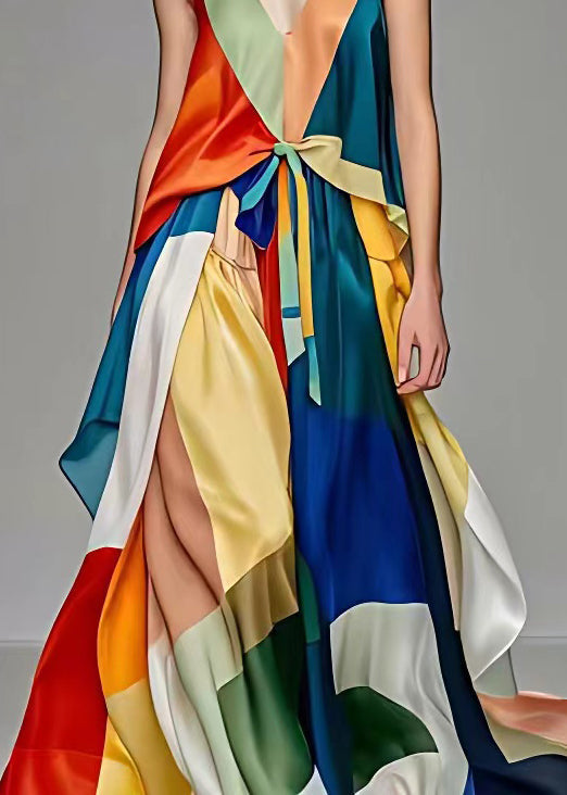 V Neck Lace Up Patchwork Silk Long Dresses Sleeveless (ships in 24hrs)