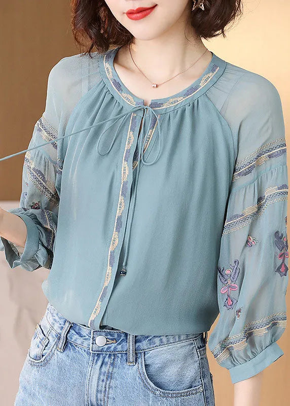 Light Blue O-neck Drawstring Embroideried Silk Tops Spring