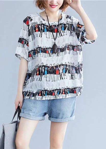 White O-neck Character Print Cotton Tops Summer