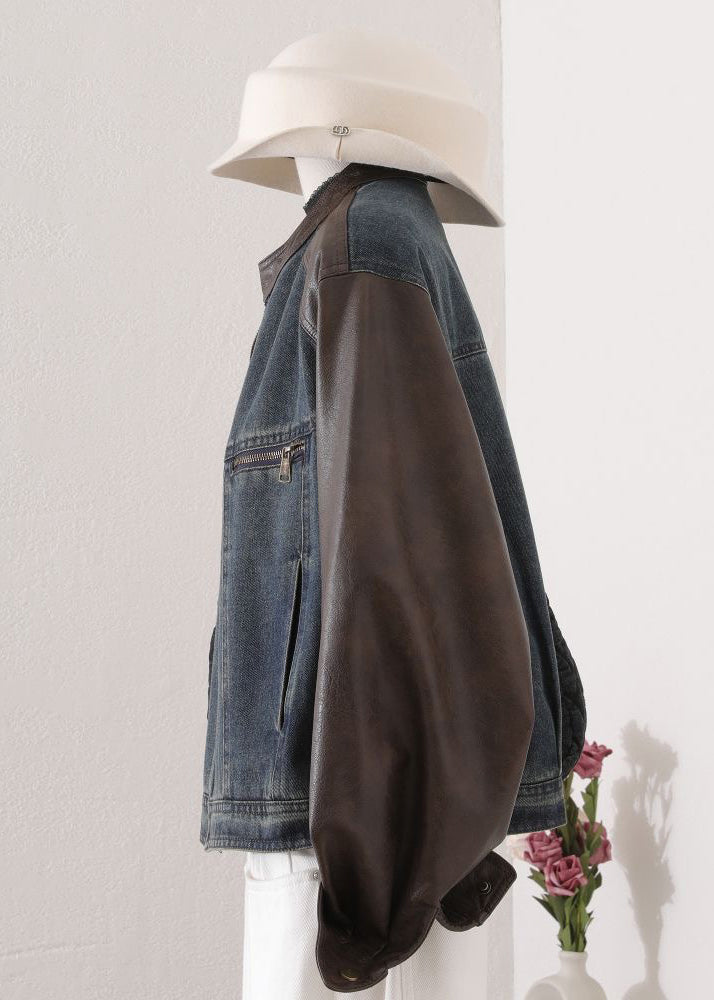 O Neck Pockets Faux Leather Patchwork Denim Coat Fall
