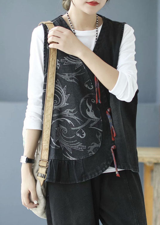 Black Tasseled Patchwork Denim Sleeveless Vest