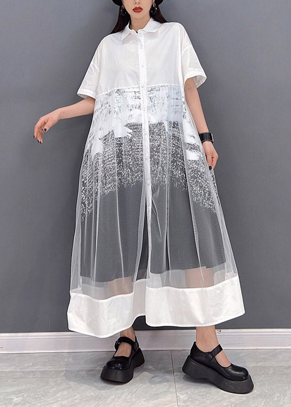 White Peter Pan Collar Patchwork Tulle Dress Short Sleeve