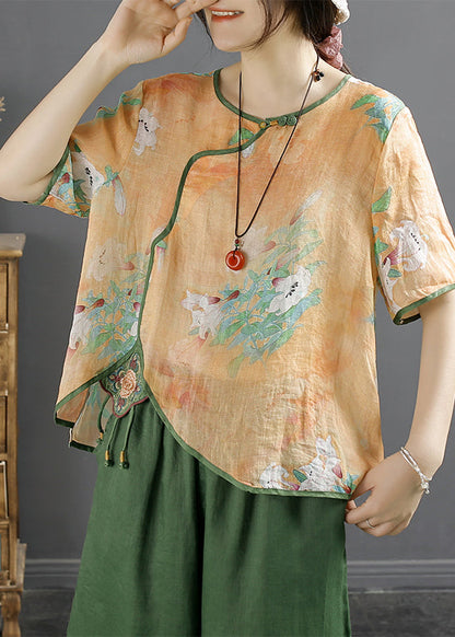 Natural Blue Embroideried Patchwork Print Linen Shirt Summer