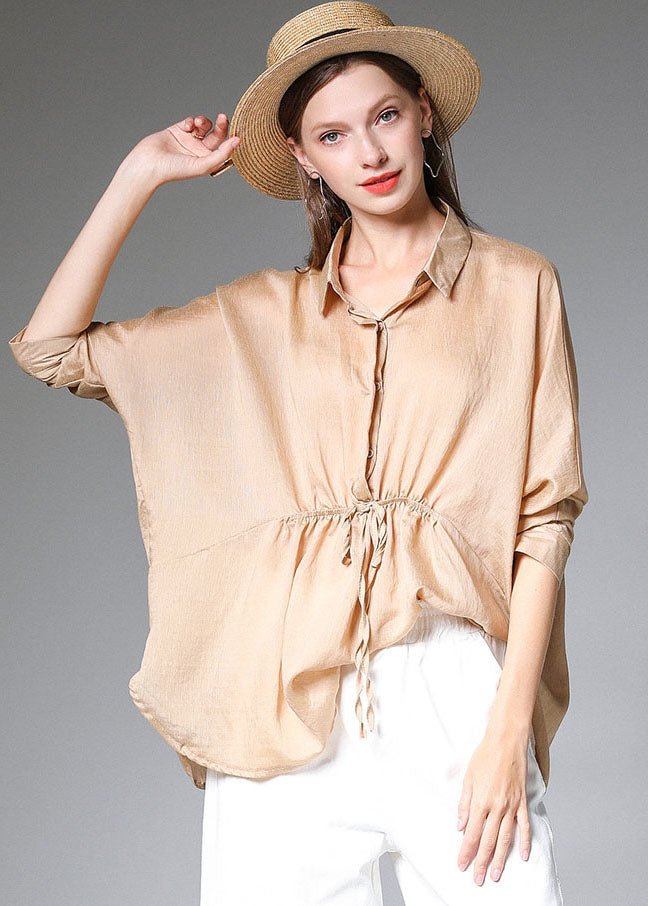 Khaki Peter Pan Collar Drawstring Silk Shirt Tops Long Sleeve