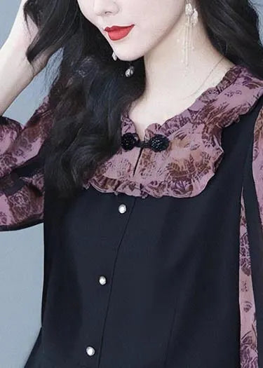 Purple Chinese Button Patchwork Spandex Fake Two Piece Tops Fall