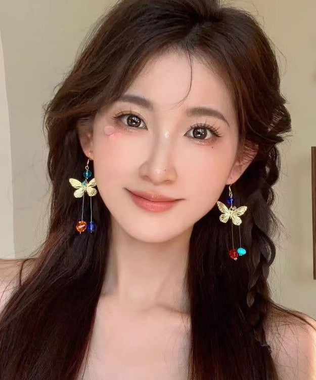 Colorblock Alloy Butterfly Beading Tassel Drop Earrings