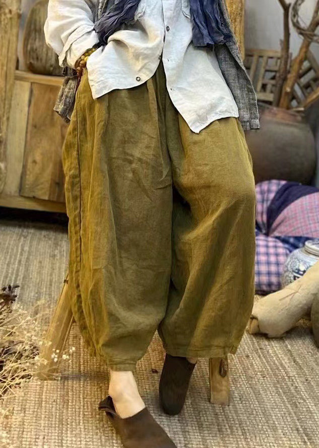 Khaki Elastic Waist Pockets Linen Lantern Pants Spring
