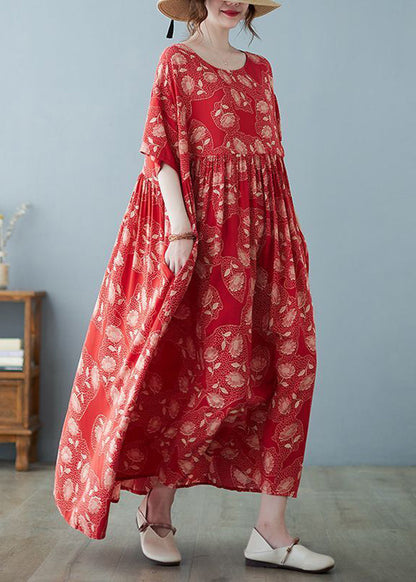 Red Oversized Print Exra Large Hem Cotton Vacation Dresses Summer