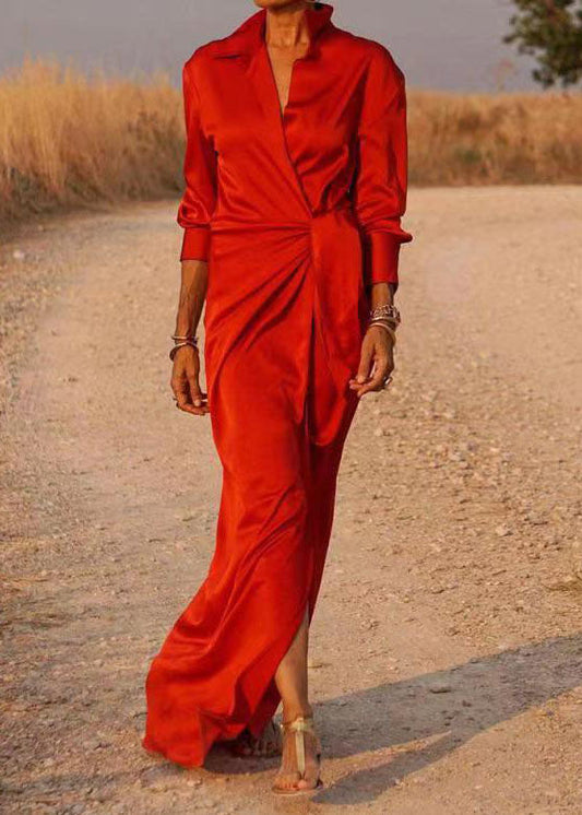 Red Peter Pan Collar Tie Waist Silk Long Dress Spring