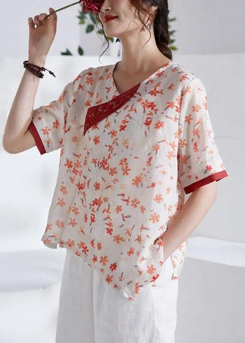 Red V-neck Asymmetrical Design Print Summer Ramie Shirt Tops Short Sleeve