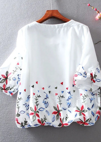 White O-neck Embroideried Chiffon Tops Lantern Sleeve