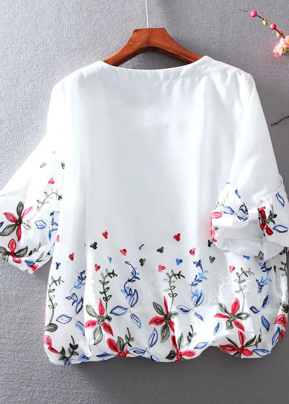 White O-neck Embroideried Chiffon Tops Lantern Sleeve