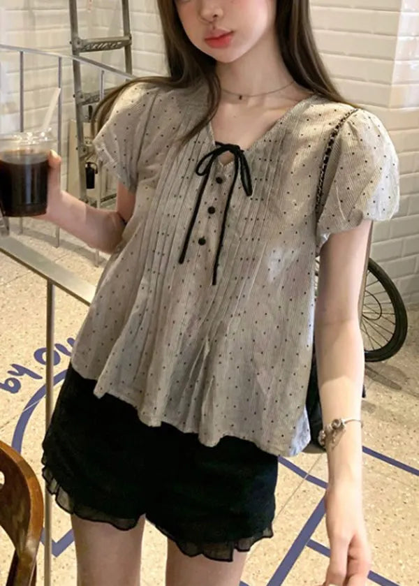 French V Neck Lace Up Puff Sleeve Wrinkled Cotton Top