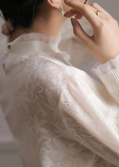 Boutique White Ruffled Patchwork Jacquard Lace Shirts Spring