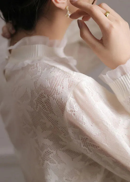 Boutique White Ruffled Patchwork Jacquard Lace Shirts Spring