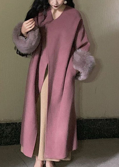 Lotus Root Pink Color O-neck Woolen Maxi Coats Long Sleeve