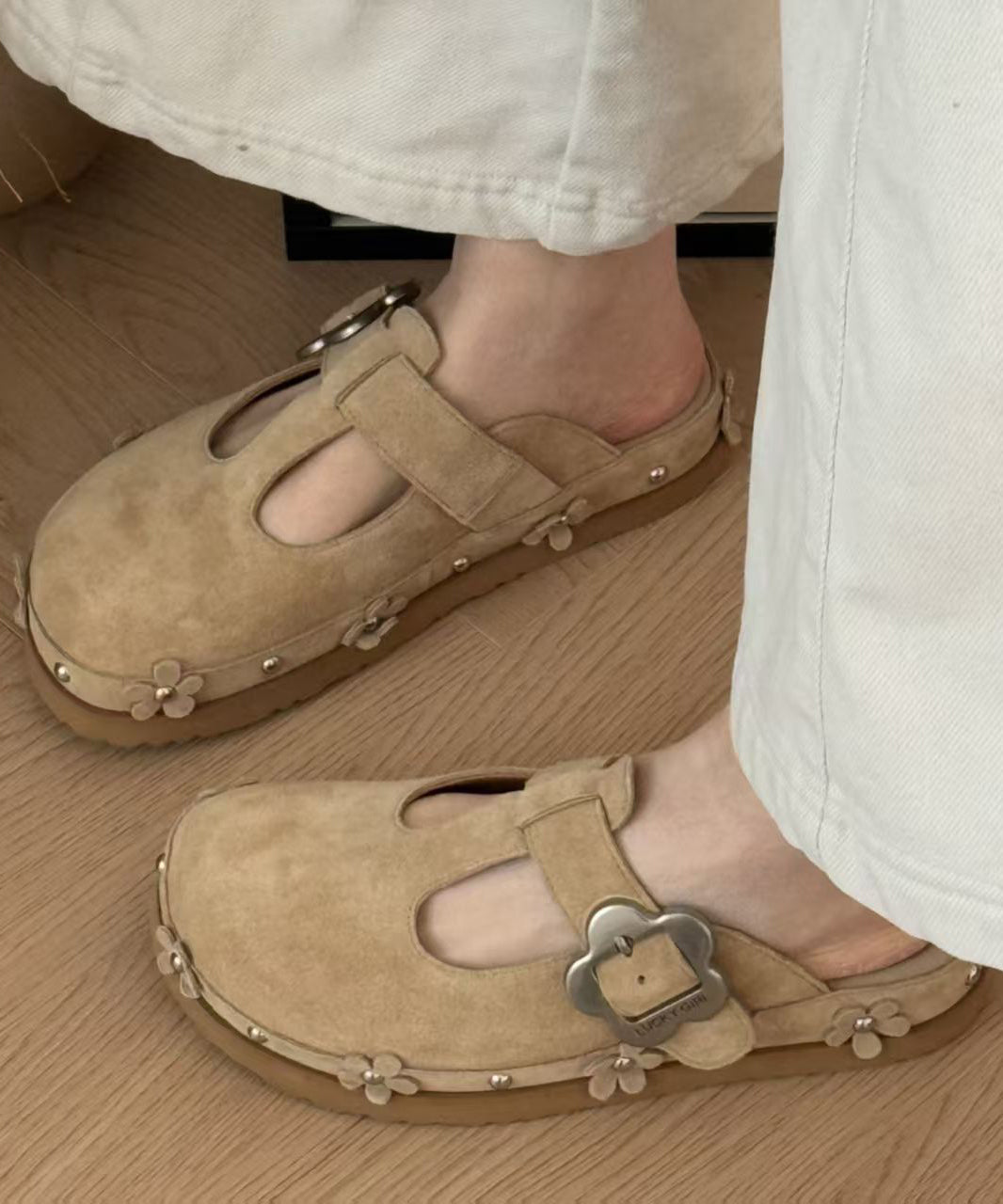 Splicing Platform Khaki Faux Leather Slide Sandals