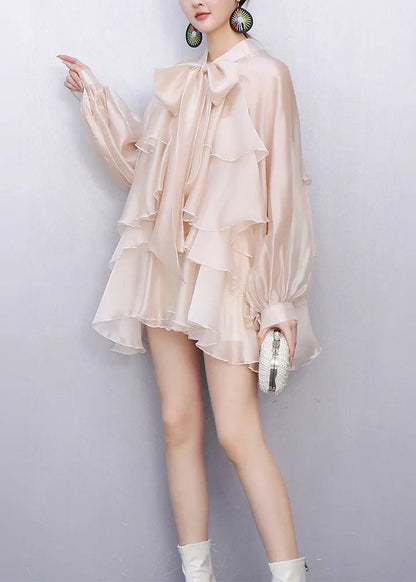 French Apricot Layered Ruffled Comfortable Fabric Silk Bow Blouse