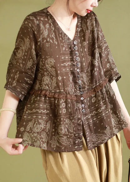 Coffee Print Ruffled Patchwork Linen Shirts Summer