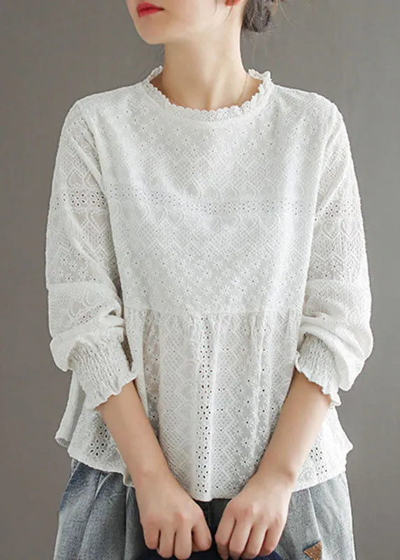 Handmade Pink O-neck Patchwork Jacquard Fall Top Long Sleeve