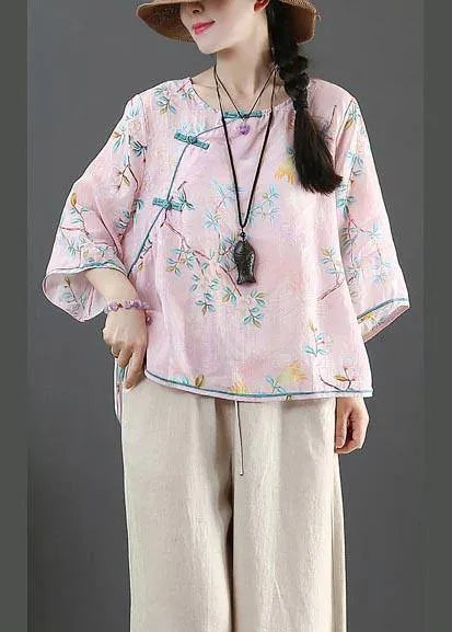 Pink Print Linen Oriental Summer Shirts
