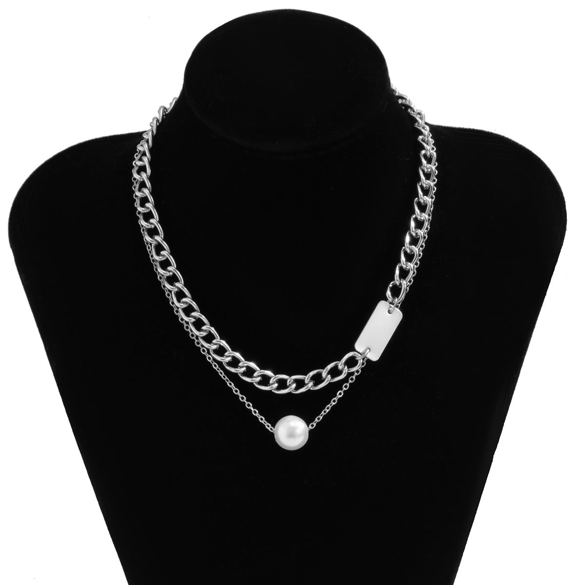 Simple Double-layer Geometric Square Pearl Necklace Temperament and Generous Metal Chain Neck Necklace