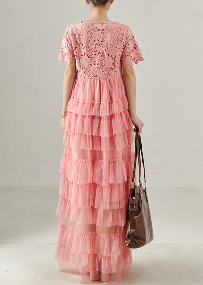 Pink V Neck Patchwork Tulle Long Dress Summer