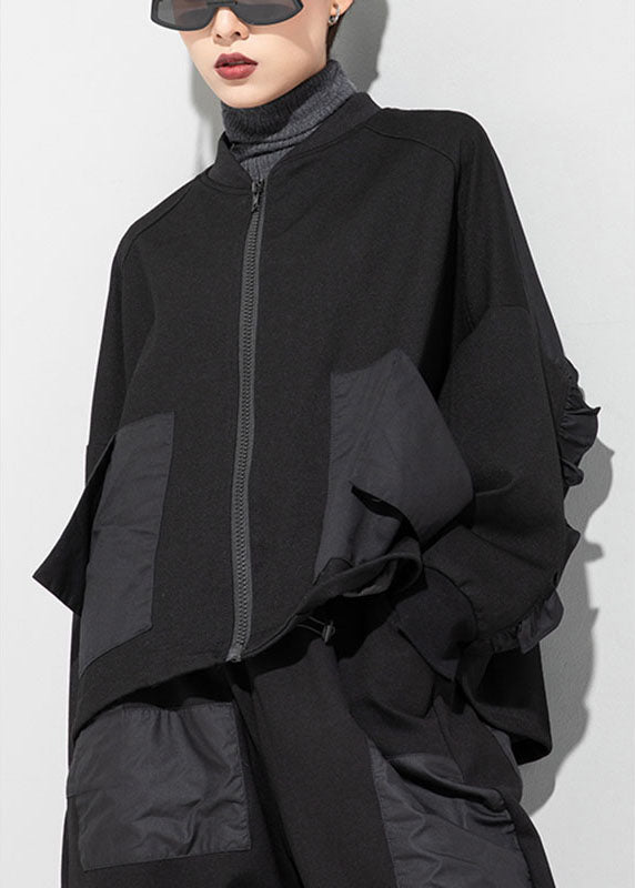 Style Black Zippered Pockets Patchwork Fall Coat Long Sleeve