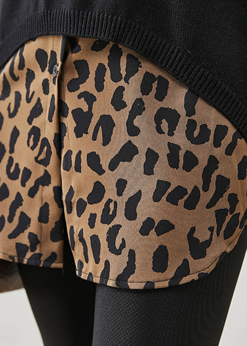 Natural Oversized Leopard Print Knit Vest and Shirt Two Pieces Set Winter