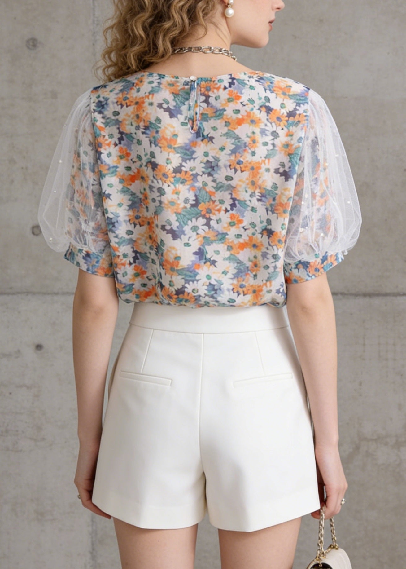 O-neck Tulle Puff Sleeve Print Chiffon Top Summer