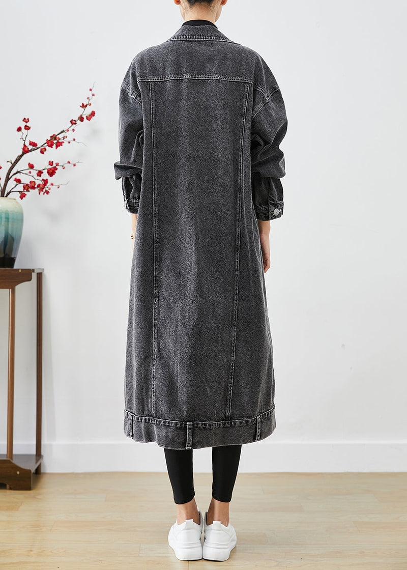 Black Oversized Pockets Denim Trench Coats Fall