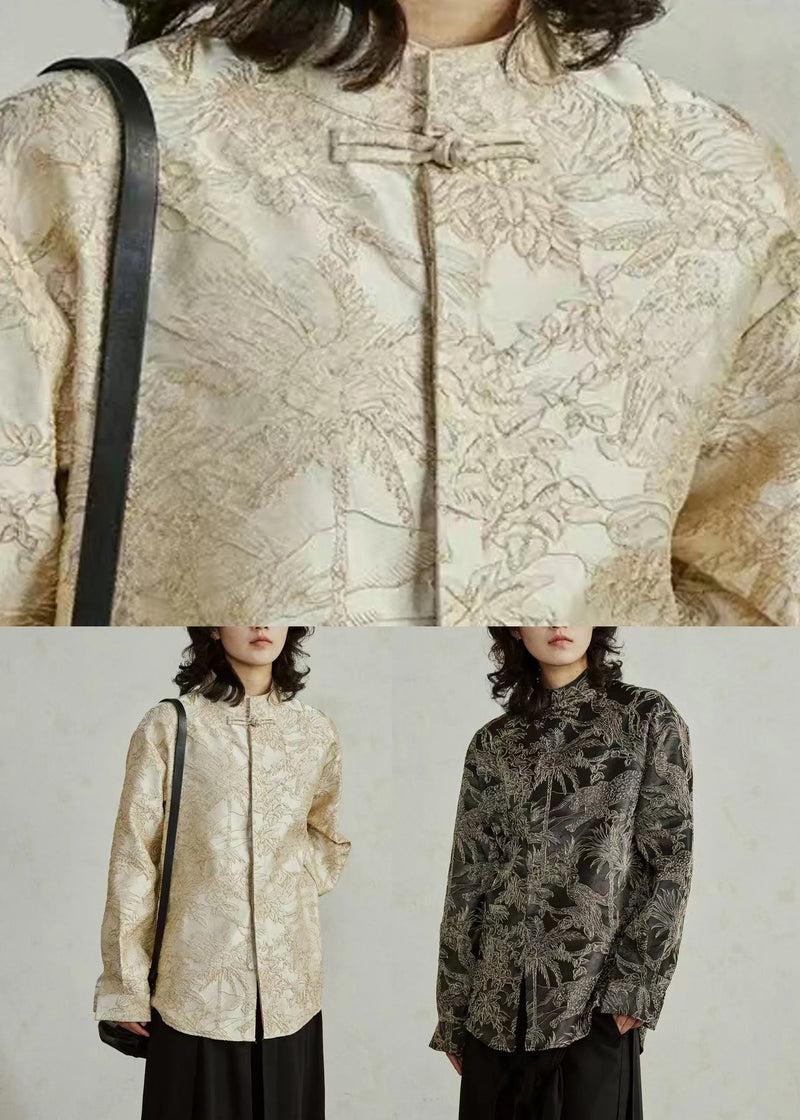 Chinese Style Apricot Button Shirt Lantern Sleeve