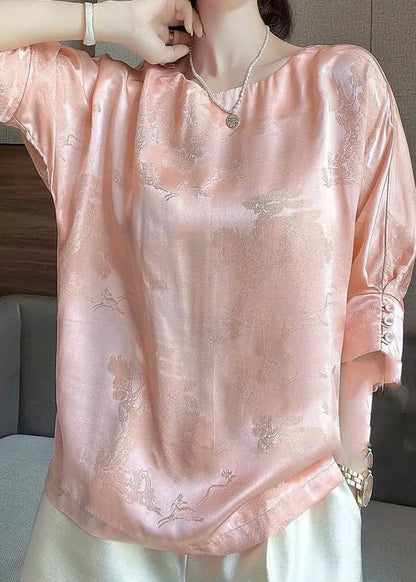 Pink O-neck Jacquard Button Silk Blouse Tops Half Sleeve