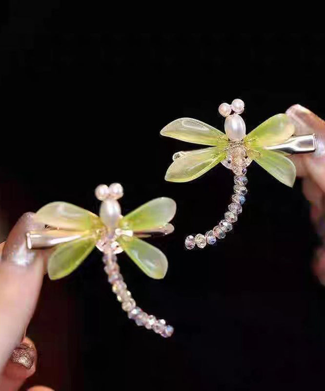 Chinese Style Light Green Colored Glaze Dragonfly a Pair Hairpin