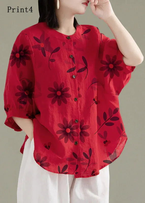 Art White Patchwork O-neck Button Linen Loose Shirt Top Lantern Sleeve