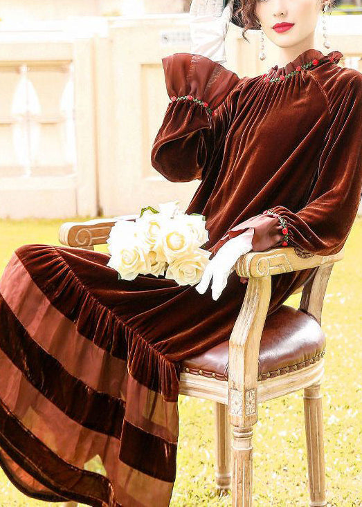 Brown Oversized Patchwork Silk Velour Robe Dresses Spring