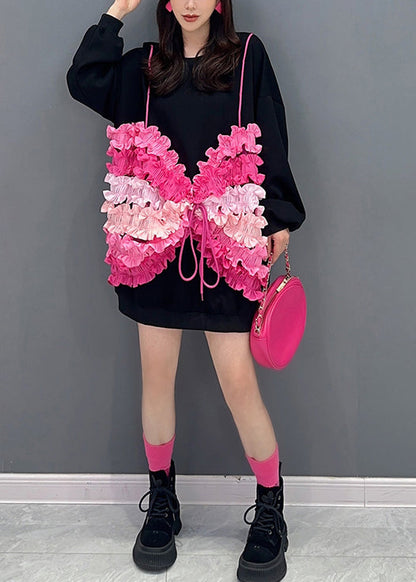 Black O Neck Ruffled Butterfly Cotton Sweatshirt Fall