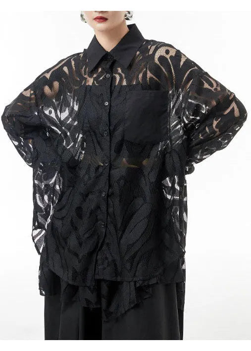 Simple Black Button Peter Pan Collar Patchwork Lace Shirts Spring