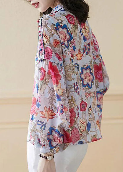 Red Patchwork Loose Silk Shirts Lantern Sleeve